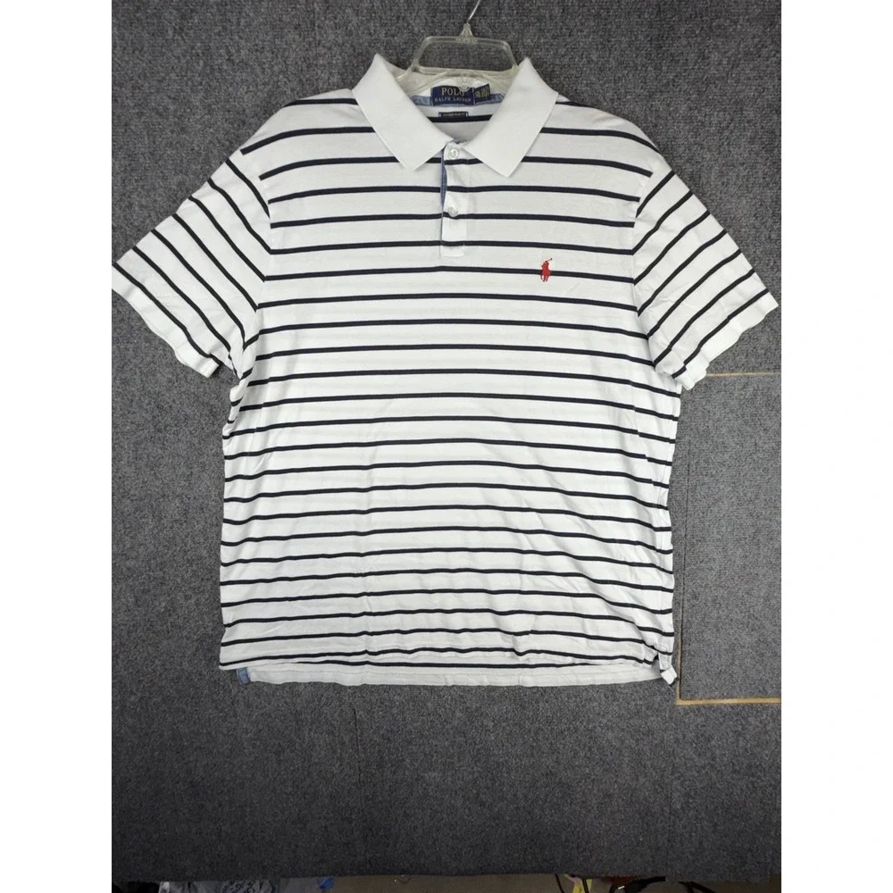 Polo Ralph Lauren Custom Slim Fit Polo Shirt Men 2XL White Blue Striped Golf